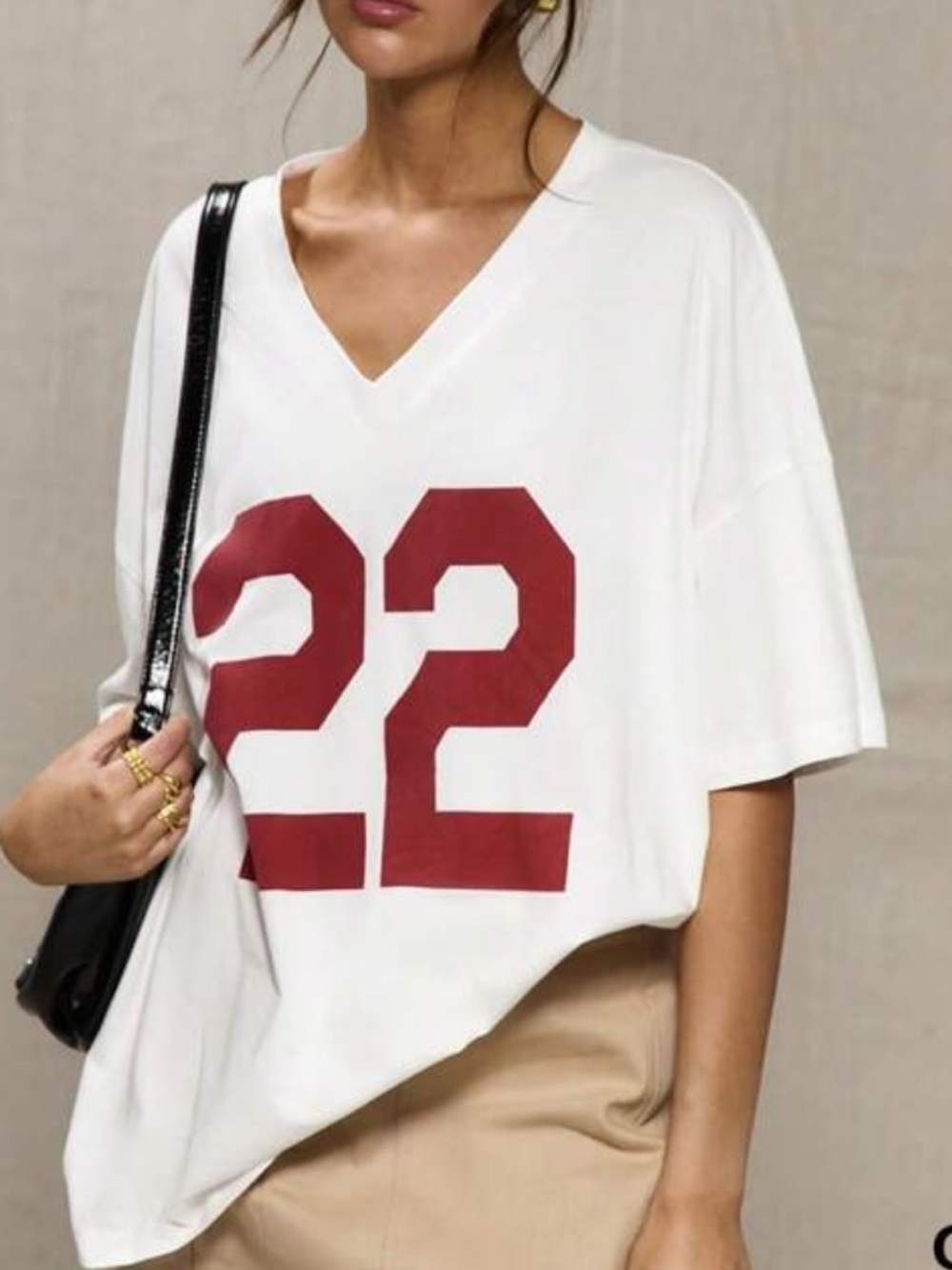 SHEIN White V-Neck Tee with Red '22' Graphic